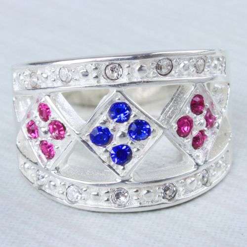 **EXQUISITE**FINE SILVER**Multi-Gemstone Broad Band Dress Ring***Size 7/8**