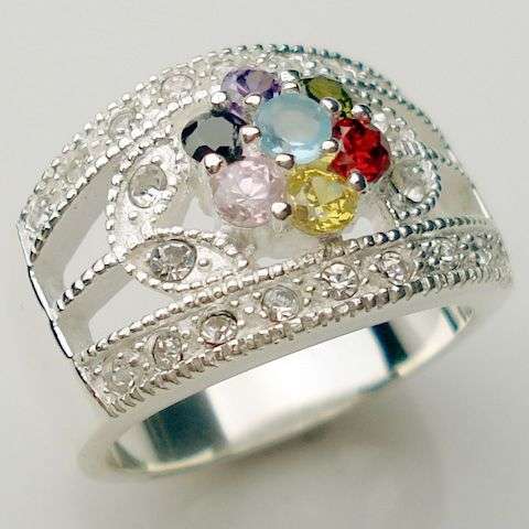 ***GORGEOUS FLORAL DESIGN***Multi Gemstone Dress Ring in Fine Silver**Size 8**