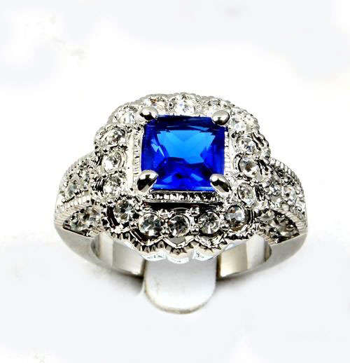 Royal Blue Simulated Sapphire and Clear CZ Dress Ring**Size 9**