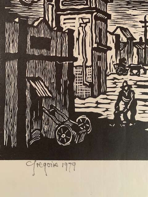 Gregoire Boonzaier black and white linocut - street scene of old Cape Town