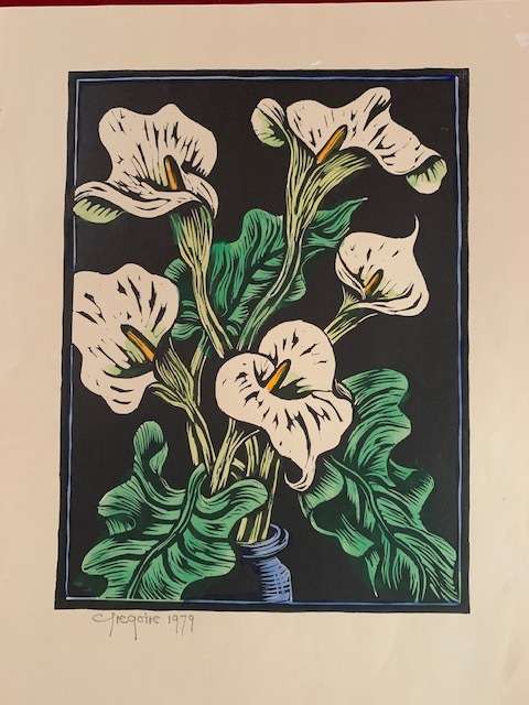 Gregoire Boonzaier hand coloured linocut - Arum Lillies