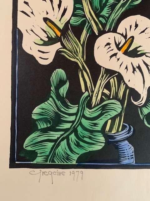 Gregoire Boonzaier hand coloured linocut - Arum Lillies