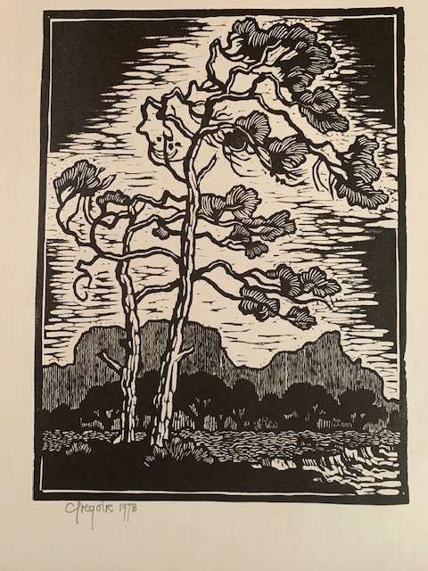 Gregoire Boonzaier black and white linocut trees with Table Mountain background