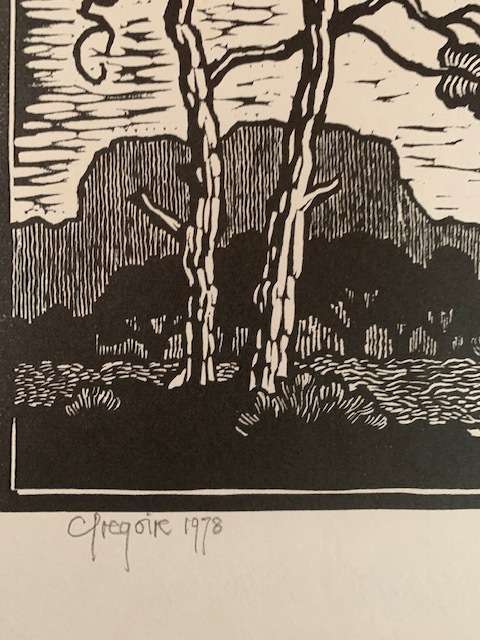 Gregoire Boonzaier black and white linocut trees with Table Mountain background