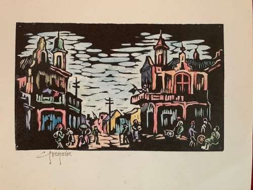 Gregoire Boonzaier handcoloured linocut of street scene of old Cape Town