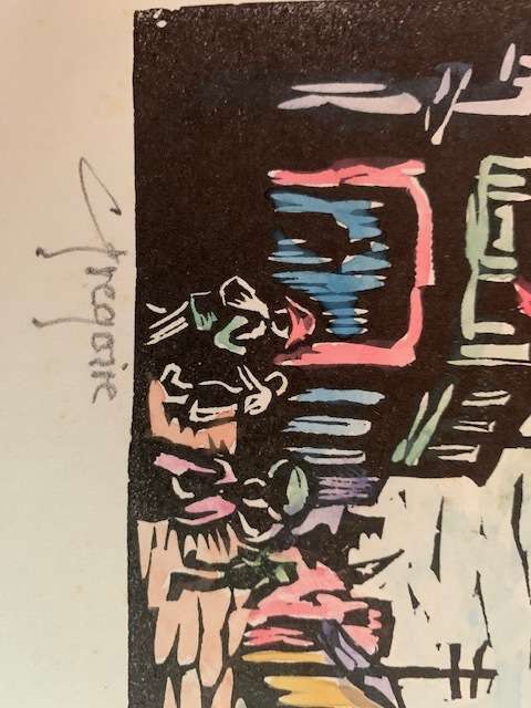 Gregoire Boonzaier handcoloured linocut of street scene of old Cape Town