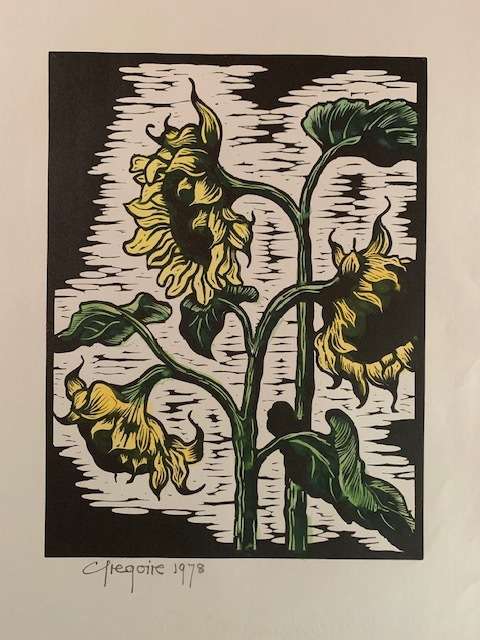 Gregoire Boonzaier handcoloured linocut - Sunflowers - Highly sought after