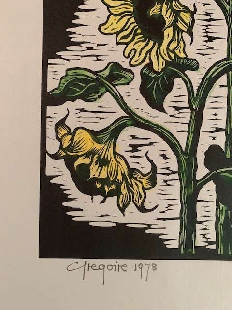 Gregoire Boonzaier handcoloured linocut - Sunflowers - Highly sought after