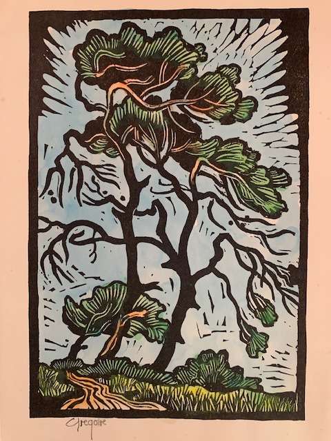 Gregoire Boonzaier handcoloured linocut - blowing trees