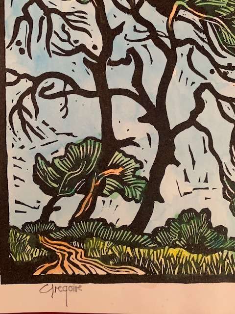 Gregoire Boonzaier handcoloured linocut - blowing trees