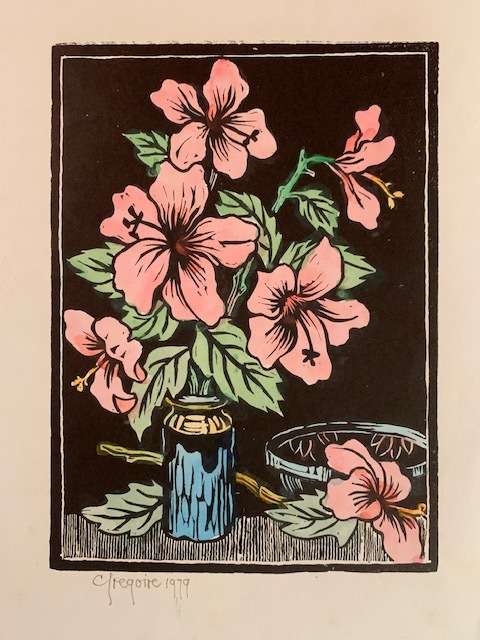 Gregoire Boonzaier handcoloured linocut - pink lillies