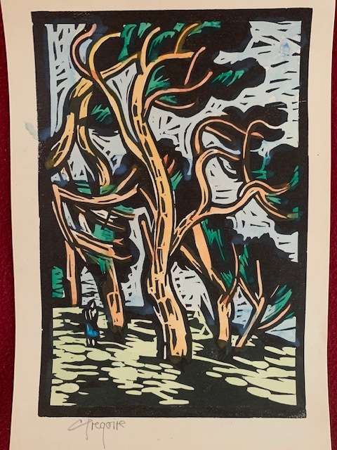 Gregoire Boonzaier handcoloured linocut - trees in forrest