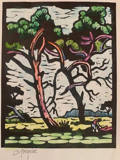 Gregoire Boonzaier handcoloured linocut - trees with lady under tree