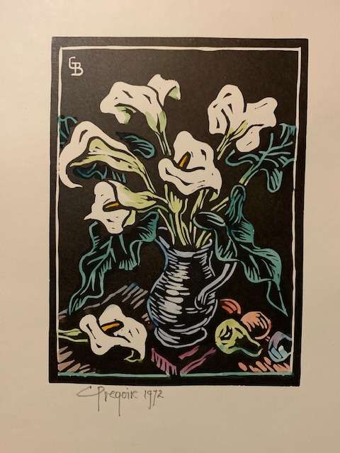 Gregoire Boonzaier handcoloured linocut of Arum Lillies