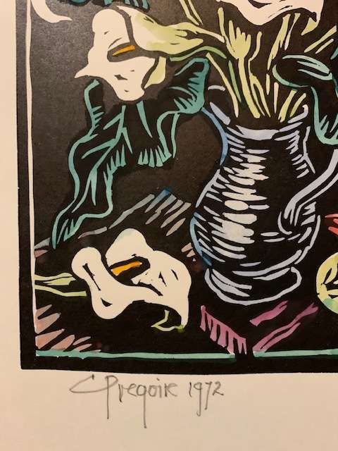 Gregoire Boonzaier handcoloured linocut of Arum Lillies