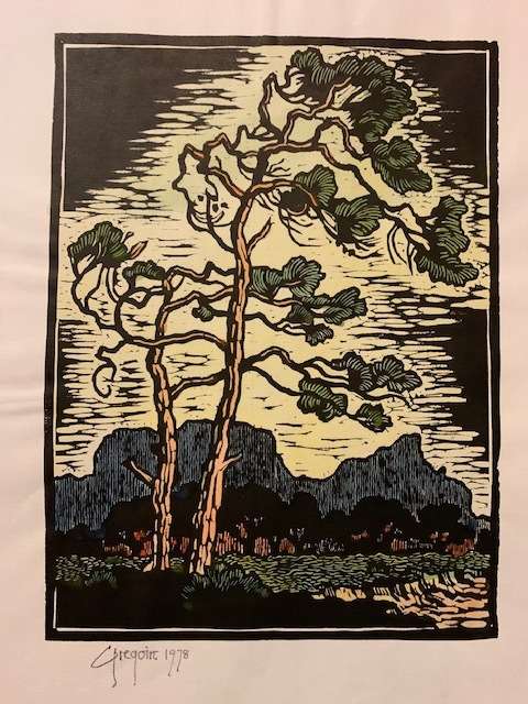 Gregoire Boonzaier handcoloured trees with table mountain in background