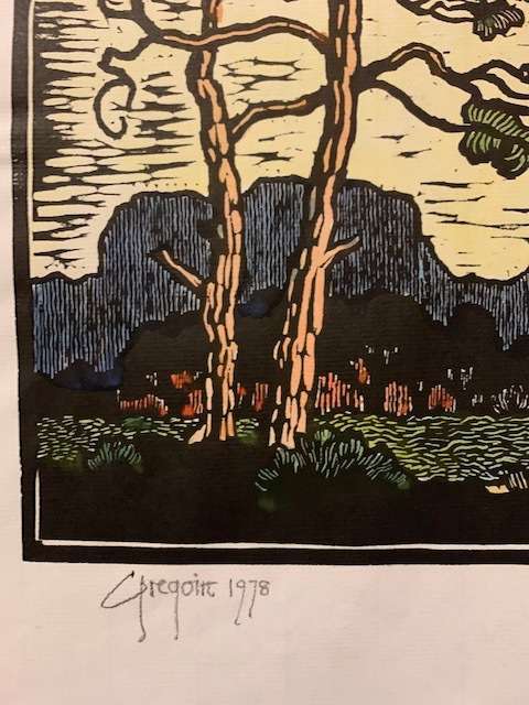 Gregoire Boonzaier handcoloured trees with table mountain in background