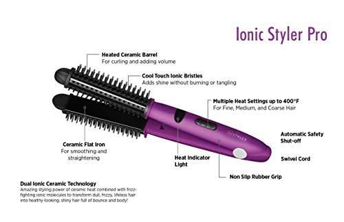 4-IN-1 Styler Ionic Hot Brush and Ceramic Flat Iron Straightens Curls Shines Volumizes hair