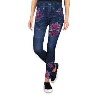 New Ladies Denim Look Slim Skinny Jeans Pants Leggings Floral Random Design