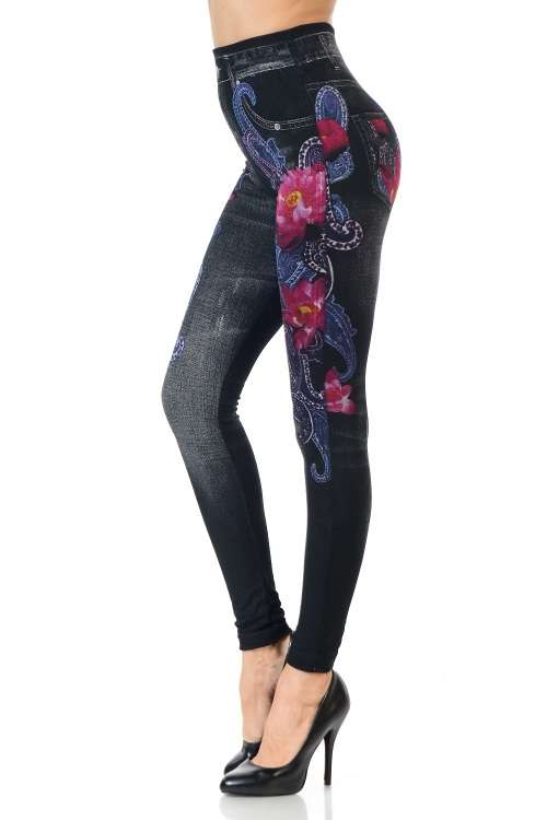 New Ladies Denim Look Slim Skinny Jeans Pants Leggings Floral Random Design