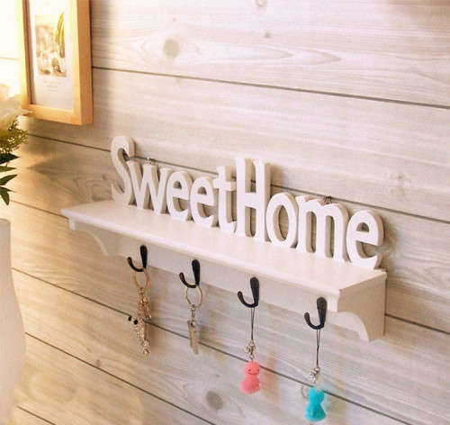 White "Sweet home" With shelf Key Storage 4 Hanging Hook Holder Wall Hanging Rack