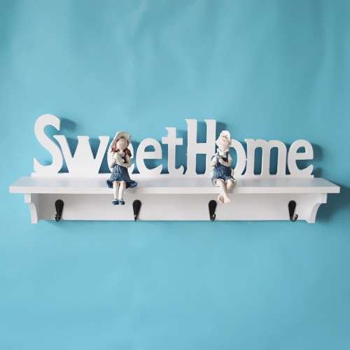 White "Sweet home" With shelf Key Storage 4 Hanging Hook Holder Wall Hanging Rack