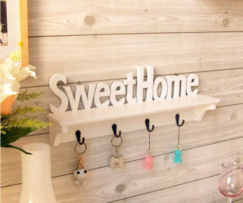 White "Sweet home" With shelf Key Storage 4 Hanging Hook Holder Wall Hanging Rack