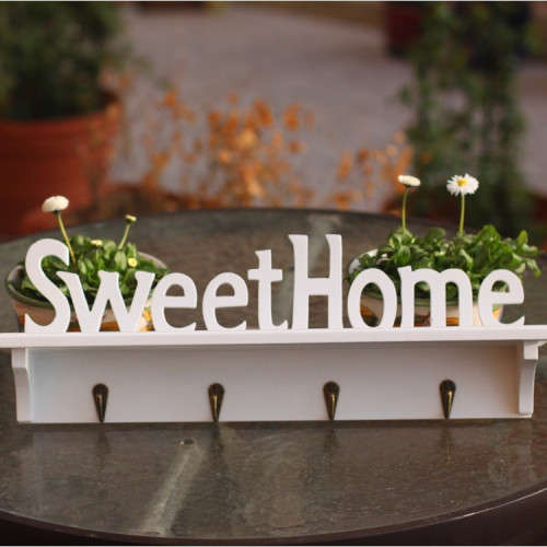 White "Sweet home" With shelf Key Storage 4 Hanging Hook Holder Wall Hanging Rack