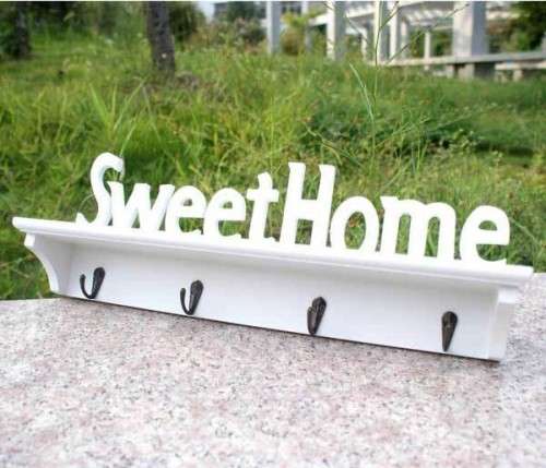 White "Sweet home" With shelf Key Storage 4 Hanging Hook Holder Wall Hanging Rack