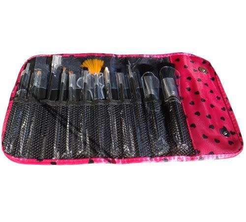New 12pc MAKE UP BRUSHES SET WITH ROLL UP CARRY CASE - Black & Pink