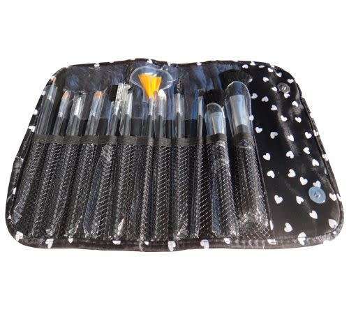 New 12pc MAKE UP BRUSHES SET WITH ROLL UP CARRY CASE - Black & Pink