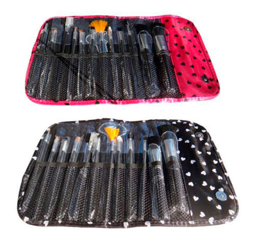 New 12pc MAKE UP BRUSHES SET WITH ROLL UP CARRY CASE - Black & Pink