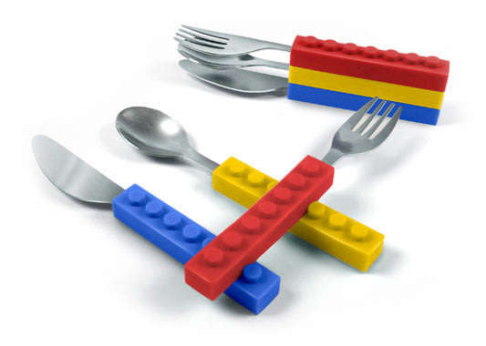 NEW 3pc Cutlery Set Stacking LEGO compatible Blocks Kids Toddler Spoon Fork Knife