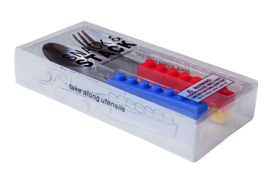 NEW 3pc Cutlery Set Stacking LEGO compatible Blocks Kids Toddler Spoon Fork Knife