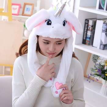 Unicorn Movable Ears Plush Animal Cap Hat with Dancing Ears - White Color