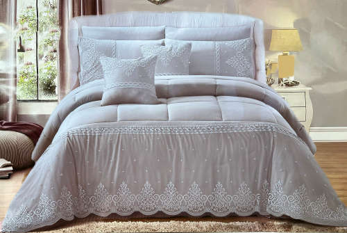 7 Piece LACE NET King Size Home bedding Comforter Set- Grey