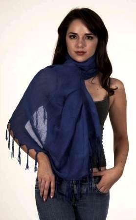 Blue Linen Fringe Scarf / Shawl / Wrap