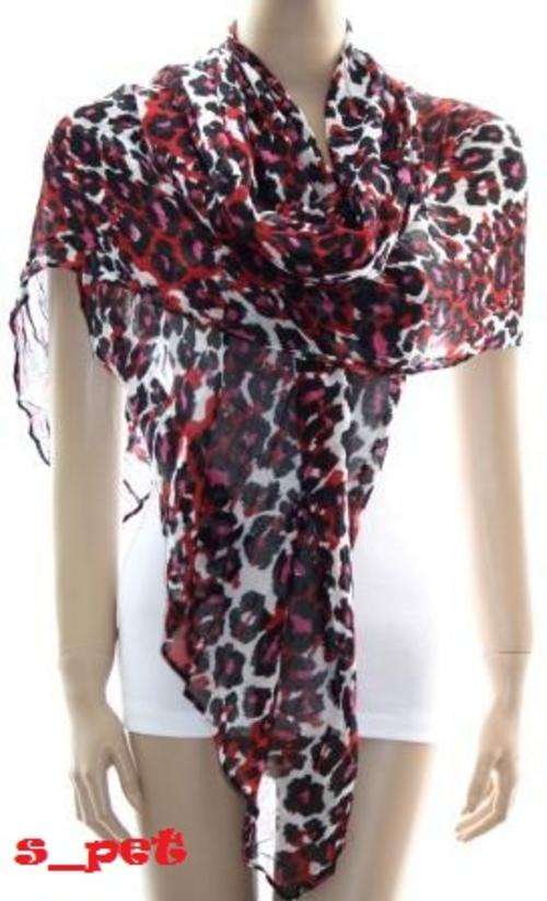 Red Leopard Print Linen Fringe Scarf / Shawl / Wrap