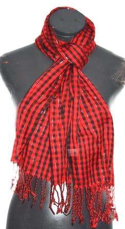 Red Check Fringe Scarf / Shawl / Wrap