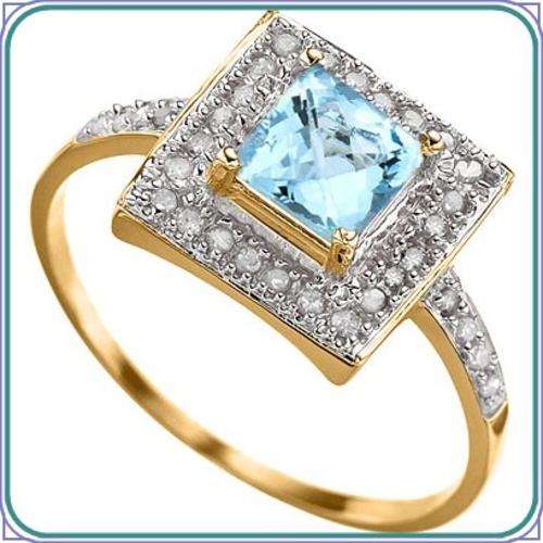 GORGEOUS .925 STERLING SILVER RING/ 14 CT GP WITH SKY BLUE TOPAZ AND DIAMONDS