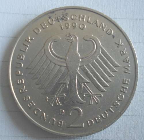GERMANY  1990  2 DEUTCHE MARK (LUDWIG ERHARD) 1990 D