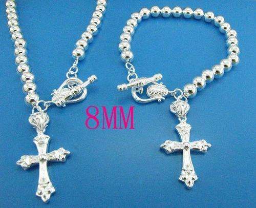 Sterling Silver 8mm Ball & Cross Design Necklace & Bracelet Set