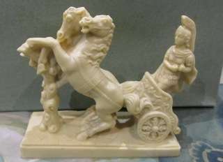 Faux Ivory-like Statue : Roman Warrior on a Chariot & Two Horses