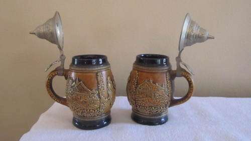 Set of 2 Porcelain German Beer Steins with Lid