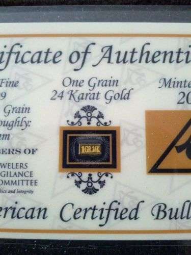 ACB GOLD SOLID 24K-BULLION MINTED ONE GRAIN BAR 99,99 FINE WITH CERT OF AUTHENTICITY .