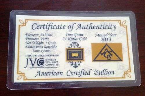 ACB GOLD SOLID 24K-BULLION MINTED ONE GRAIN BAR 99,99 FINE WITH CERT OF AUTHENTICITY .