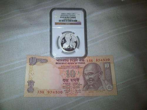 SPECIAL***Mahatma Ghandi 2008 Silver R1 Protea PROOF Ultra Cameo PF69  and Indian Rs 10 NOTES*** !!!