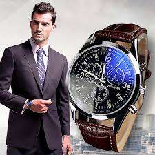 New luxury  fashion faux leather mens blue ray glass quarts analog wristwatch  watches Hot selling