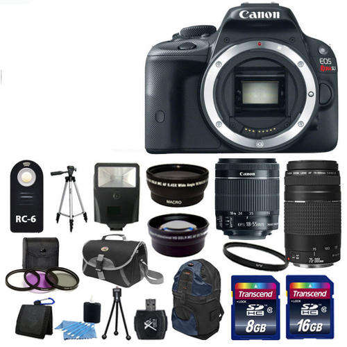 Canon EOS SL1 SLR Camera + 4 Lens Kit 18-55 STM +75-300mm + 24GB