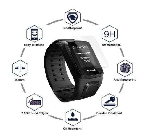 TomTom Spark Screen Protector (3-Pack), Tempered Glass Screen Guard